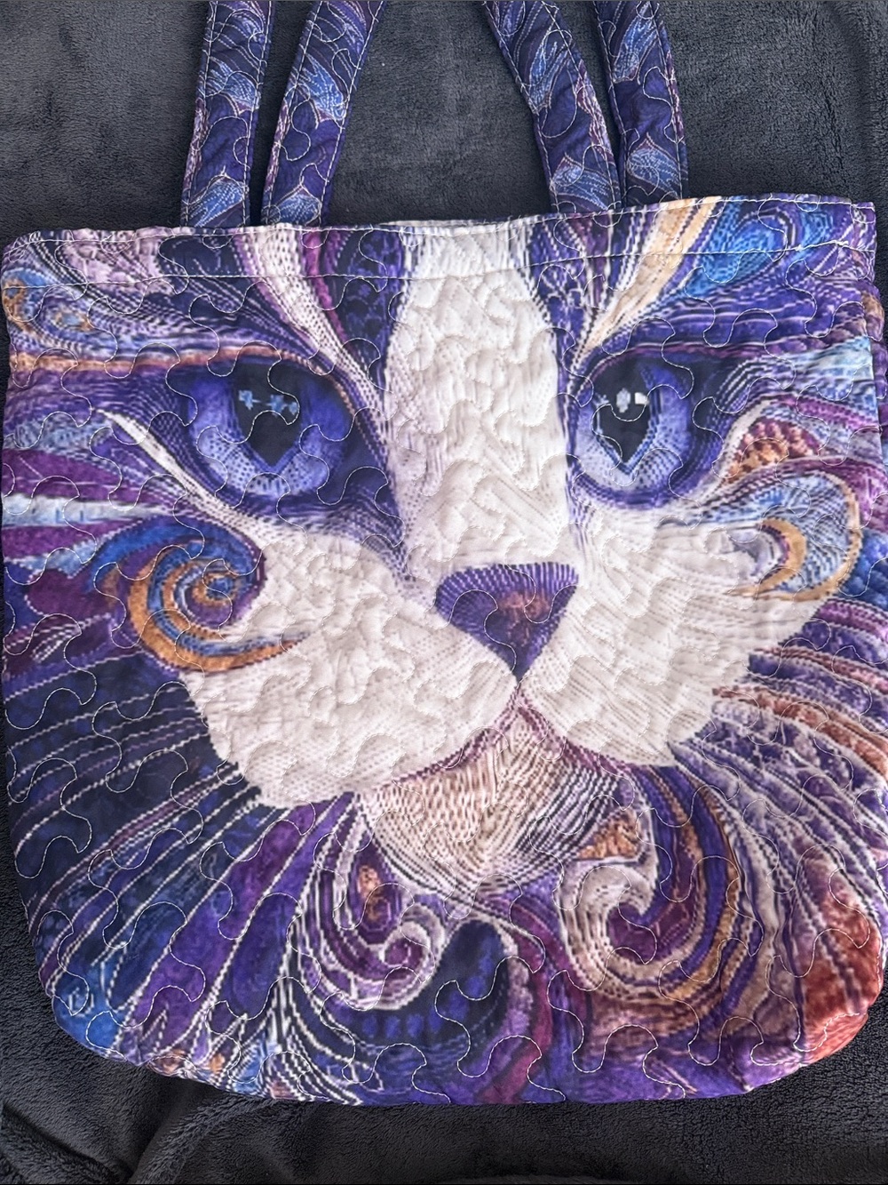 Purple Cat Quilted Tote Bag - Pet-Themed Reusable Shopper